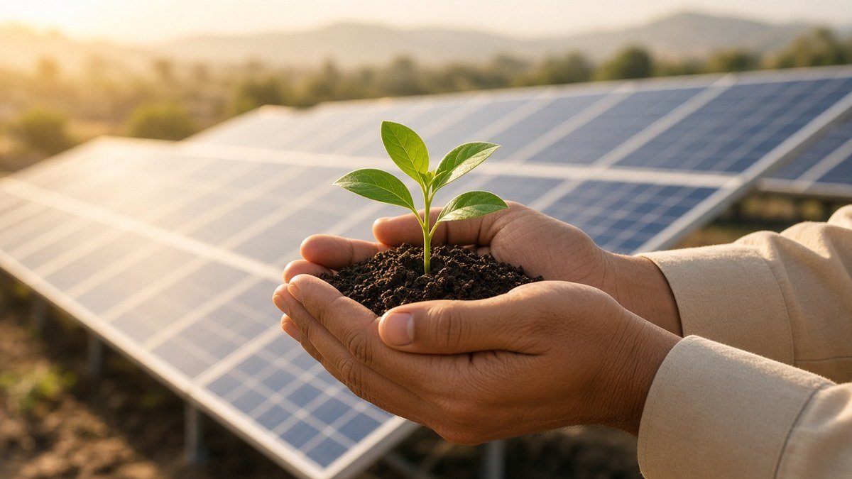 Green seedling in front of solar panels