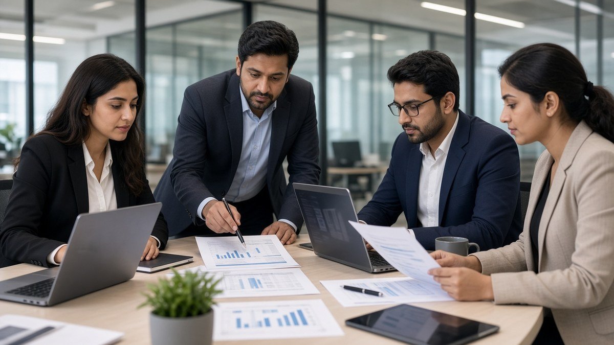 Finance team reviewing reports